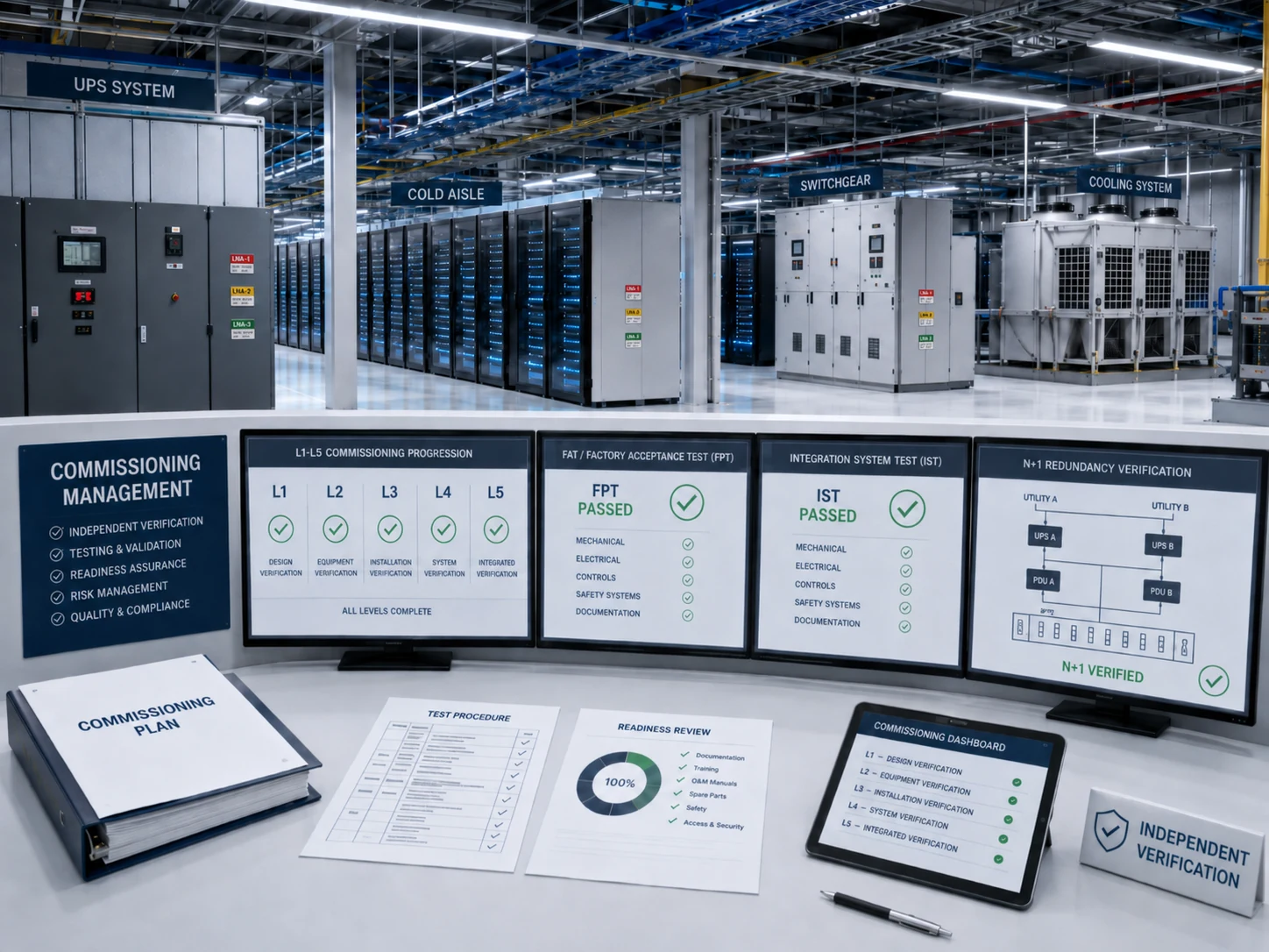 Veri merkezi commissioning yönetimi, L1-L5, FPT, IST ve N+1 doğrulama ekranları