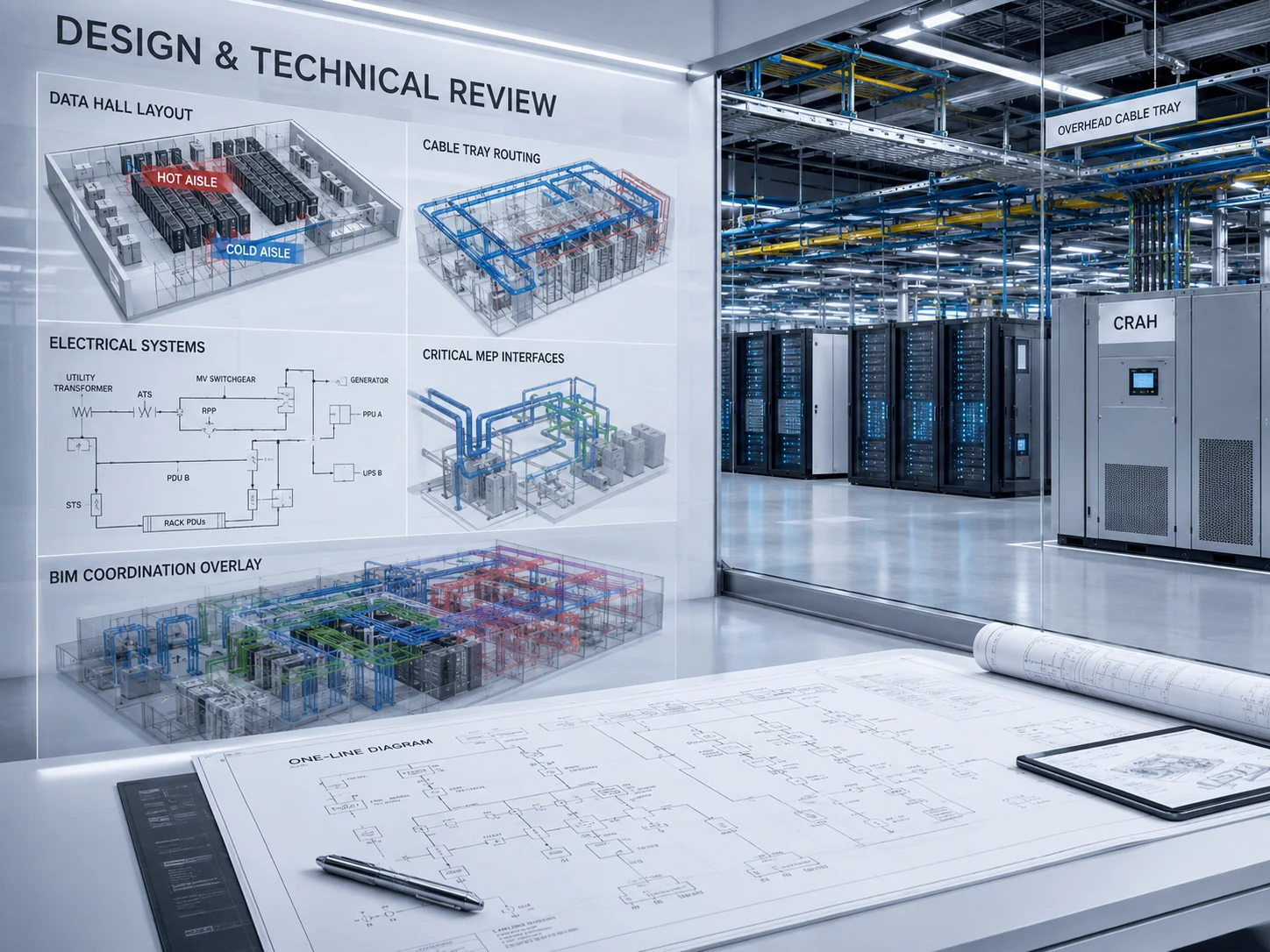 Veri merkezi tasarım ve teknik inceleme ekranları, sıcak-soğuk koridor, CRAH ve BIM koordinasyonu