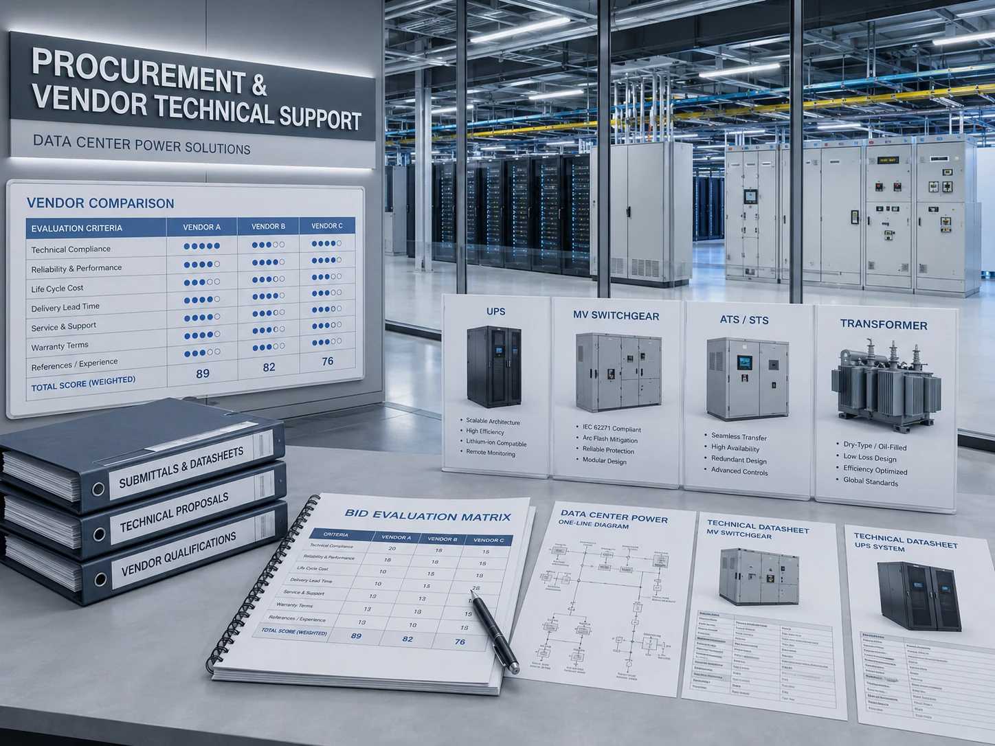 Veri merkezi ekipmanları için tedarikçi karşılaştırması, teknik teklif değerlendirmesi ve datasheet incelemesi
