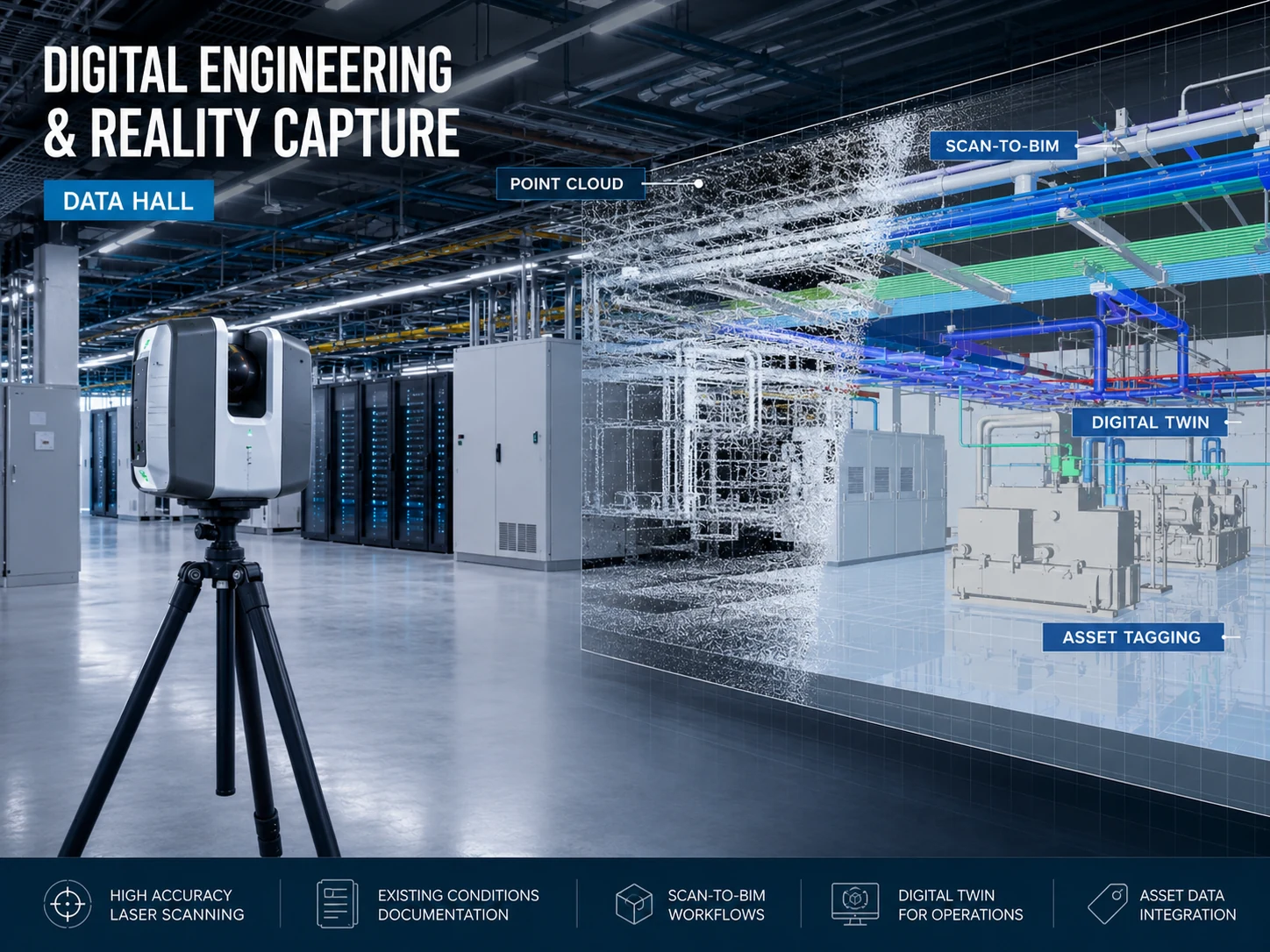 Veri merkezinde lazer tarama, point cloud, Scan-to-BIM, digital twin ve asset tagging