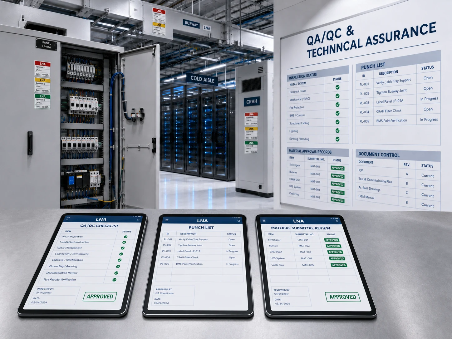 Veri merkezi QA/QC teknik güvence panosu, LNA etiketleri ve dijital kontrol formları
